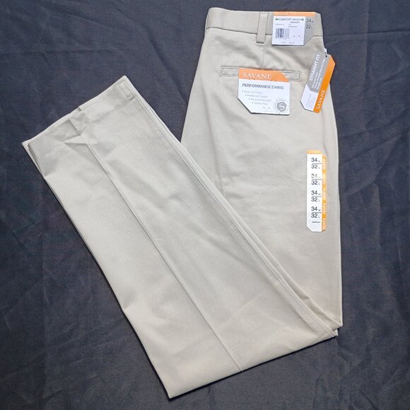 SAVANE Khaki Pants Mens 34 x 32 Beige Classic Comfort Waist Straight Pleated NWT - Picture 1 of 15